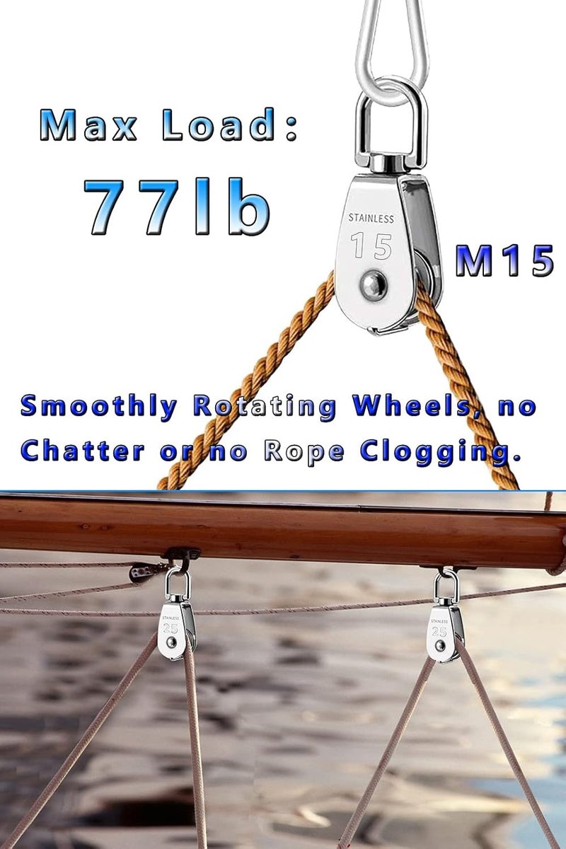 Lsqurel Cable Pulley, Can Swivel Rope Pulley 304 Stainless Steel Pulley Block Small Heavy Duty Pulley M15 M20 M25 M50 Pulley Wheel for Pulley System, Gym Equipment, Hanging, Lifting, etc - Image 3